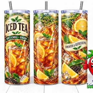 May include: Three cylindrical tumblers with straws featuring an iced tea graphic design. The print displays glasses of tea with lemon slices, mint leaves, and ice cubes against a tea plantation background. Text includes ICED TEA, SIP, CHILL, ENJOY, and SMOOTH & REFRESHING.