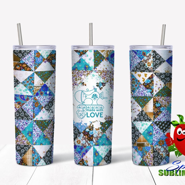 Sewing quilting blue sublimation waterslide design 20oz tumbler full wrap
