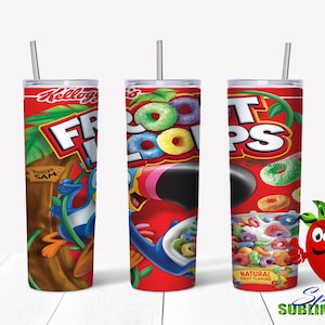 May include: Three stainless steel tumblers with a red, white, and blue Fruit Loops cereal design. The tumblers feature a toucan, cereal loops, and the Fruit Loops logo.