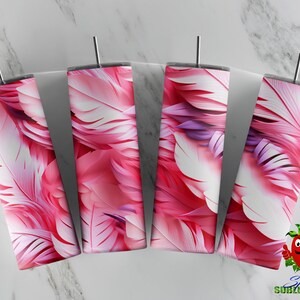 3D Pink Parrot flamingo feathers 20oz skinny tumbler design. Seamless digital printable sublimation file.