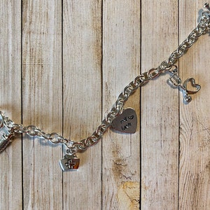 May include: Silver charm bracelet featuring medical-themed charms. Charms include a syringe, nurse's hat, heart-shaped pendant with text, and a stethoscope with a heart-shaped design. The bracelet is on a wooden background.