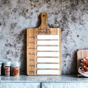 ¿Qué hay para la tabla de cena, planificador de comidas semanal, tabla de cortar menú, decoración de cocina de borrado en seco?