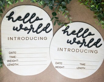 Hello World birth announcement sign, Newborn birth stats, Hospital photo prop for baby