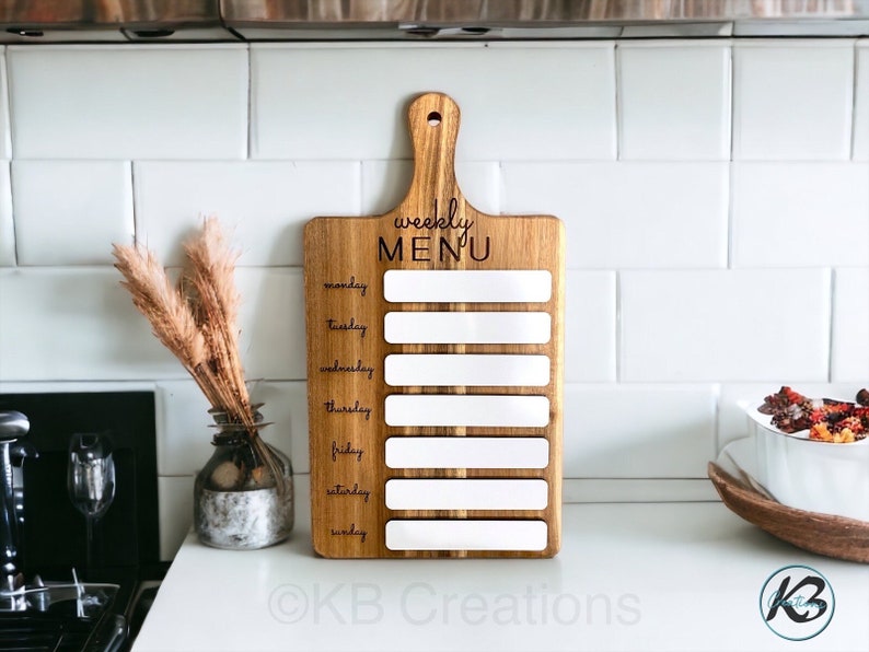 Weekly menu cutting board, dry erase menu board, meal planner, kitchen decor