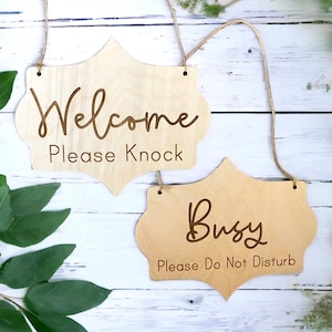 Welcome please knock sign, busy do not disturb sign, office door sign, reversible wood sign