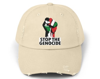 Stop The Genocide Unisex Distressed Cap, Human Rights Hat, Free Palestine, Save Gaza, Save Children, Ceasefire, End The Apartheid, End War