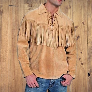 Cowboy Suede Jacket-Men&#39;s Old Western Cowboy Brown Suede Leather Fringes Beaded Native Jacke