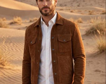 Men's Brown Suede Leather Trucker Jacket: Western Cowboy Style