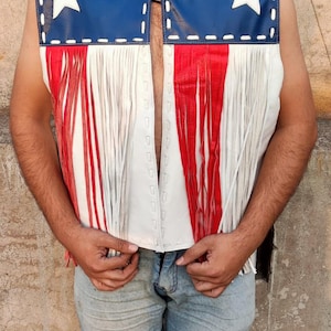 American Flag Leather Fringe Vest, Handmade Genuine Leather,Western 4th July Festival Clothing, USA Flag Outfit, Party Wear