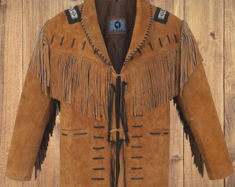 Men's Western Cowboy Real Suede Leather Jacket with Fringe and Bead Work, Traditional Cowboy