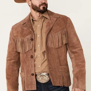 Veste en cuir marron western cowboy fait main pour homme avec franges, veste en cuir suédée homme, veste en cuir à franges western