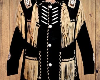 Men's Black Suede Leather Cowboy Jacket with Fringes & Beads