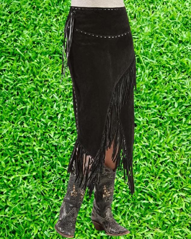 Women Native American Brown Suede Leather Fringe Western Midi Wrap
