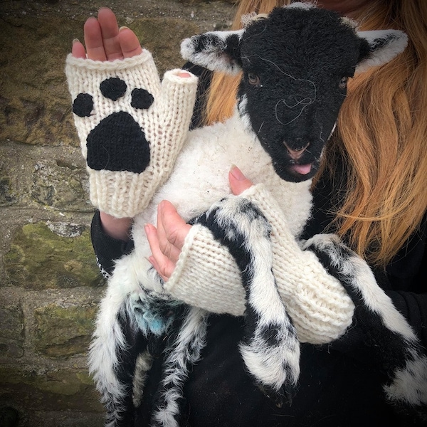 Sheep Sanctuary Ethical wool, sustainable wool, mittens, hand knitted, rescued sheep, paw print mitts, mitts, 10% alpaca