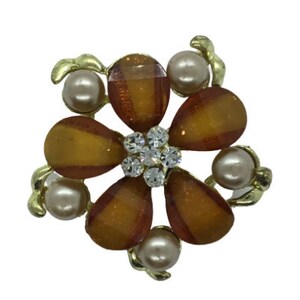 Amber Brooch Pin Faux Pearl and Rhinestone Flower Petals