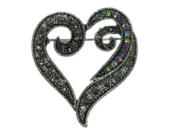 Heart Brooch Pin Rhinestone Silver Tone Jewelry