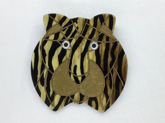 Tiger Head Face Brooch Pin Plastic Enamel Gold To… - image 5