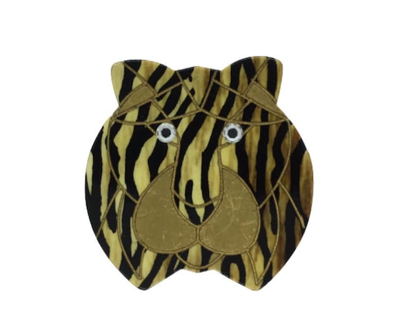 Tiger Head Face Brooch Pin Plastic Enamel Gold To… - image 1