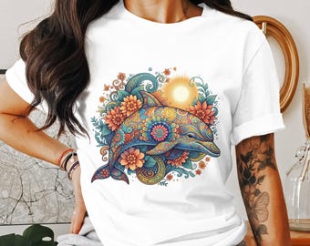 PNG de delfín floral: imágenes prediseñadas estilo boho para sublimación (descarga digital)