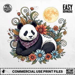 Floral Panda PNG: Moon & Bandana Designs (Digital Download, 4096x4096px)