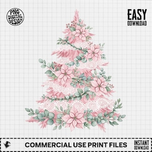 Sapin de Noël floral rose PNG : téléchargement numérique pour sublimation