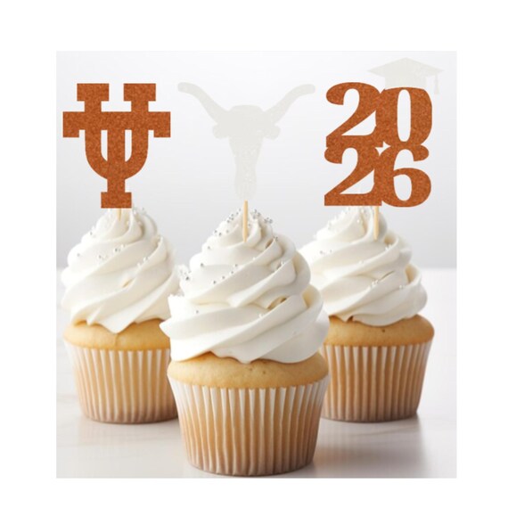 Texas Longhorn Cupcake Toppers, Texas Graduation, 2026 Graduation Cupcake Toppers, Cupcake Toppers, Graduation Cupcake Toppers