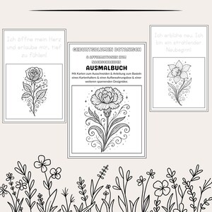 以下が含まれることがあります： 「AUSMALBUCH」というタイトルのドイツ語の塗り絵本。表紙にはカーネーションのイラストが描かれています。肯定的な言葉も含まれています。バラとスイセンの絵が描かれたページもあり、ドイツ語のテキストが添えられています。下部には花の線画が描かれています。
