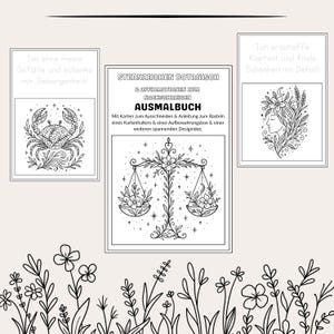 以下が含まれることがあります： 白黒の植物画の塗り絵本、アファメーション付き。表紙は天秤座のデザインで、カニ、女性の顔、花の要素のイラストが含まれています。テキストには「STERNZEICHEN BOTANISCH」と「AUSMALBUCH」が含まれています。