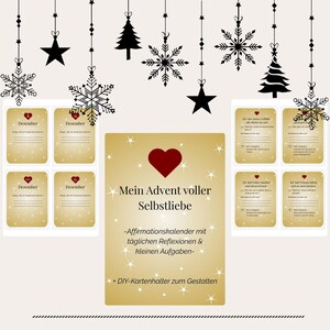 以下が含まれることがあります： 赤いハートと「Mein Advent voller Selbstliebe」の文字が入った金色のアドベントカレンダー。カレンダーには、毎日の反省と小さなタスクが書かれたカードが含まれており、吊り下げられた星、雪の結晶、クリスマスツリーで飾られています。