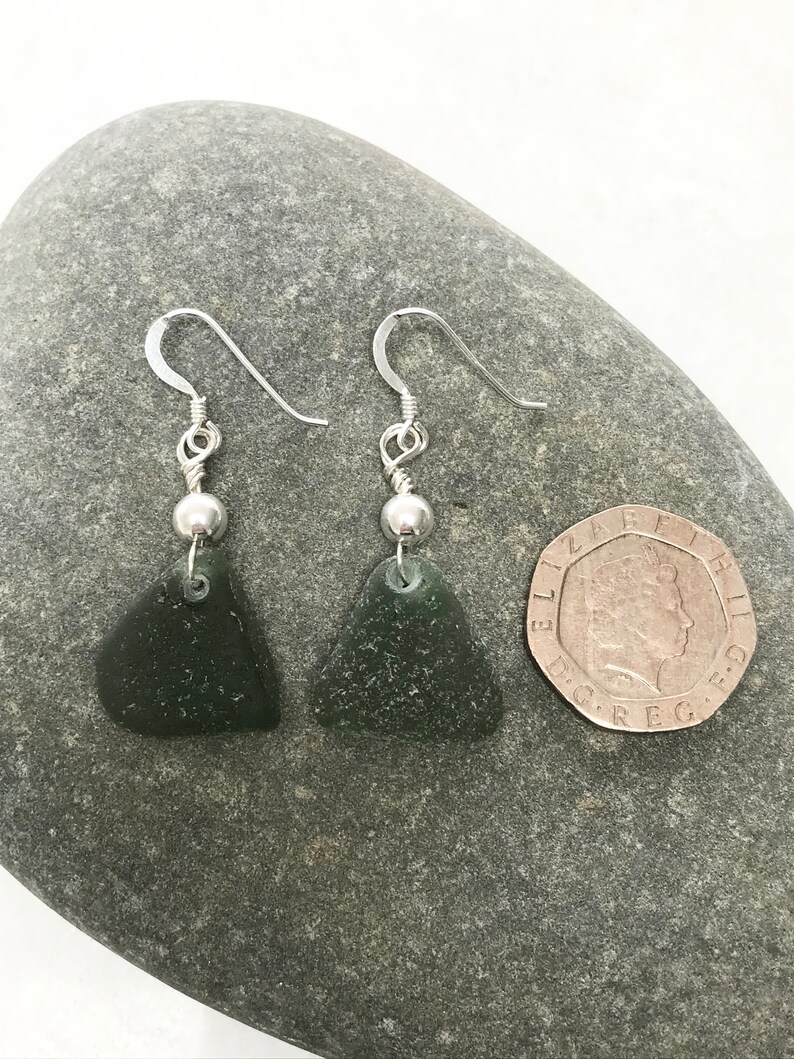 Handmade green sea glass and sterling silver earrings recycled jewellery eco gift gift for her boho surf style beach jewellery
