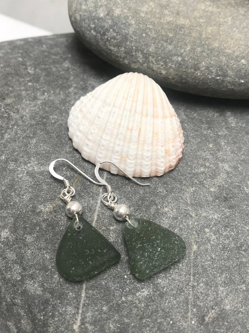 Handmade green sea glass and sterling silver earrings recycled jewellery eco gift gift for her boho surf style beach jewellery