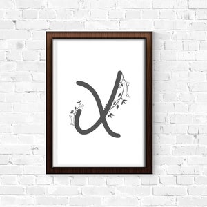 Könnte beinhalten: Ein gerahmter Druck mit einer Schwarzweißillustration des Buchstabens "X" mit floralen Akzenten.