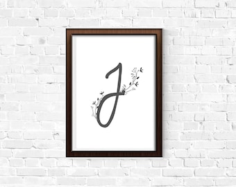 Floral Letter J Print | Gray Vine Initial Wall Art (Digital Download)