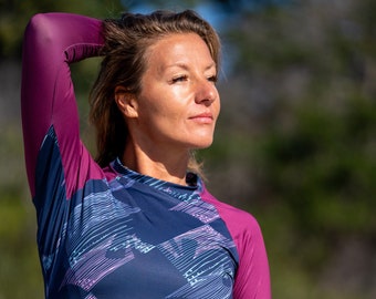 Eco Friendly Second Skin Rash Guard For Women in Navy Magenta With +50 UPF Made In USA