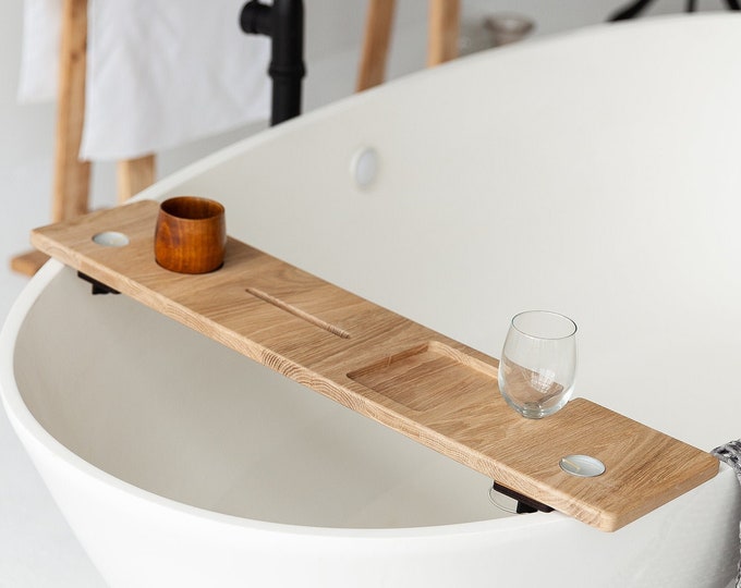 Handmade Bathtub Caddy, Bath Organizer, Natural Wood Bathtub Tray, Bathroom Caddy, Tablet Holder, Wine Glass Holder & Soap Dish