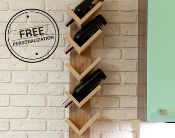 Rustic Wine Rack, Spice Rack, Wall Mounted Wine Bottle Holder, Gift for mother, Family Gift, Gift with Engraving, Kitchen Decor