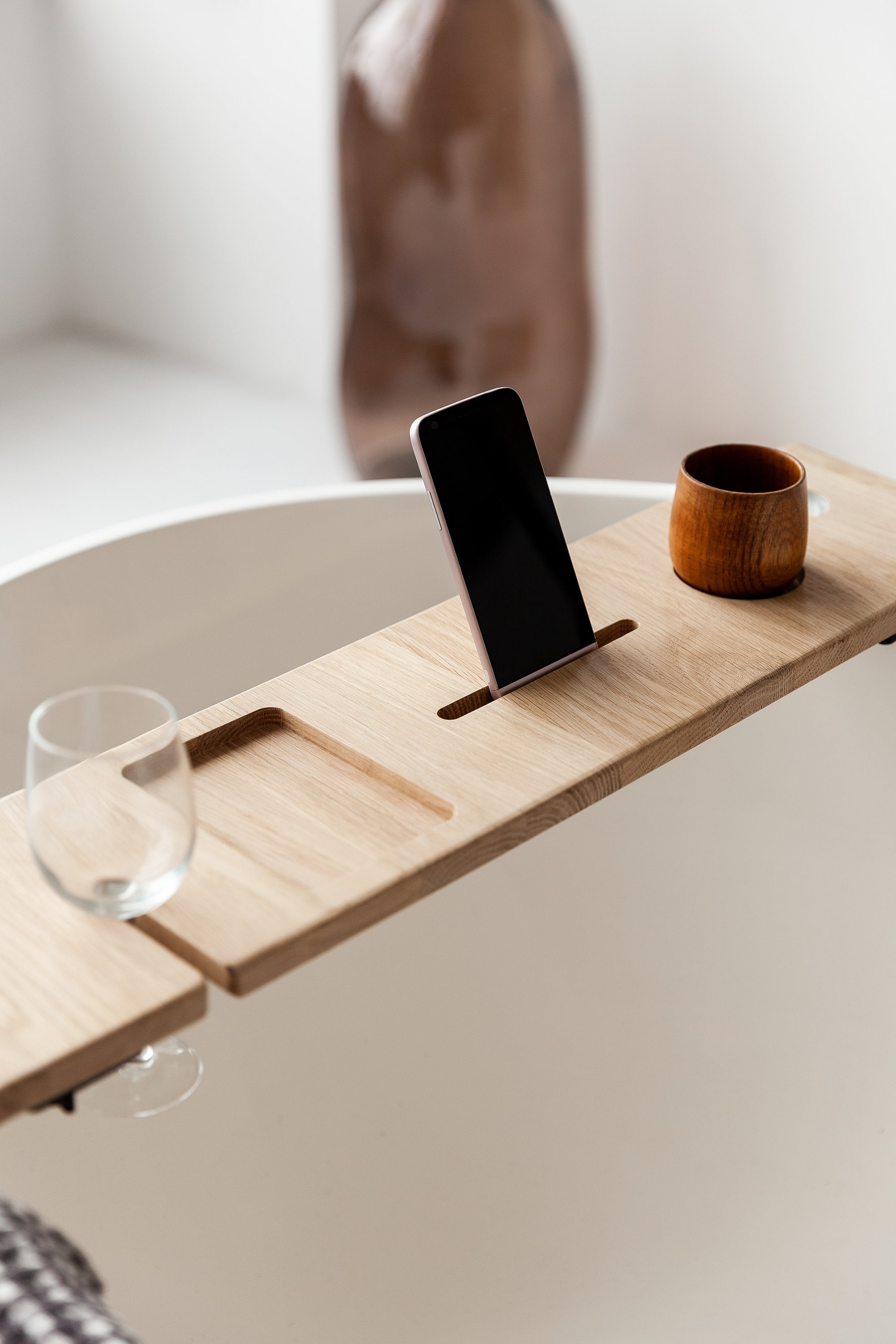 Oak Bath Caddy, Bath Tray With Wine Glass, Towel and Phone Holders, Wood  Bath Decor 