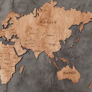 De reiskaart van de wereld, Houten Wereldkaart, Houten Kaart, Het Decor van de Kunst van de muur, De speld van de wereldkaart, 3d houten wereldkaart, Rustieke Muurkunst, DIY Muurkunst
