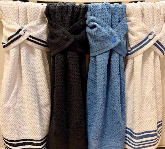 Stay Put Kitchen Hanging Towel- Hanging Hand Towel -Bathroom Towel- Snappy Towels-Tea Towel- Housewarming Gift- Black Towel - Blue Towel