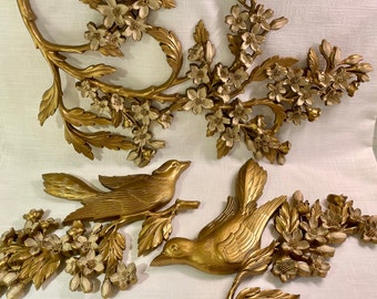 Vintage Dart Industries/Syroco Dogwood Gold Birds Branch Decorative Wall Art Decor - Set of 3 -Syroco- Birds-Vintage Syroco-Burwood-Dogwood