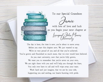 May include: A card with a watercolor illustration of a stack of books and the text "To our Special Grandson Jamie with lots of love and luck as you begin your next chapter at Liverpool John Moores University". The card also includes a message about moving away and starting a new chapter.