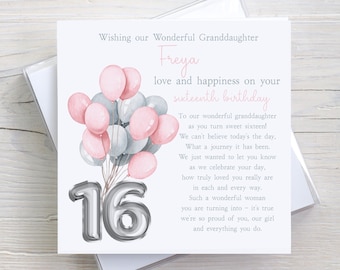 May include: A greeting card with the text "Wishing our Wonderful Granddaughter Freya love and happiness on your sixteenth birthday." The card features pink and gray balloons and a silver number 16.