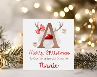 Personalised Christmas Card for Girls, Red Reindeer Daughter, Granddaughter, Niece Card - Printed Glitter Effect