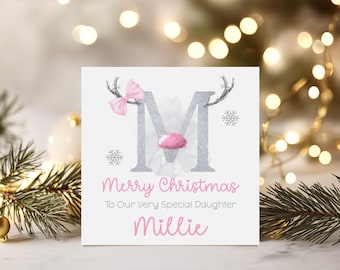 Personalised Christmas Card for Girls, Pink Reindeer Daughter, Granddaughter, Niece Card - Printed Glitter Effect