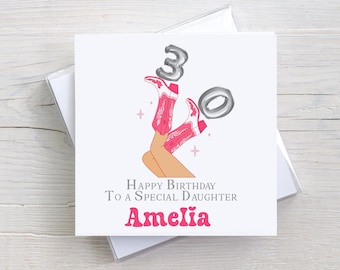 30th Birthday Card  - Cowgirl 30th Pink Boots Card - 30th Cowboy Book Lover Card - Country Music Birthday Card - 30th Card for Daughter