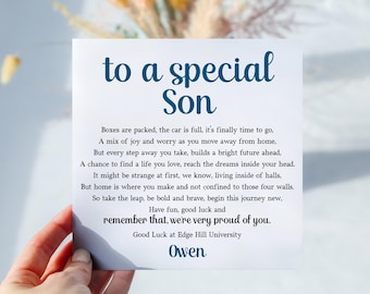 May include: A white card with the text "to a special Son" in dark teal script. The card contains a poem and the name "Owen" at the bottom. The card is held by a hand.
