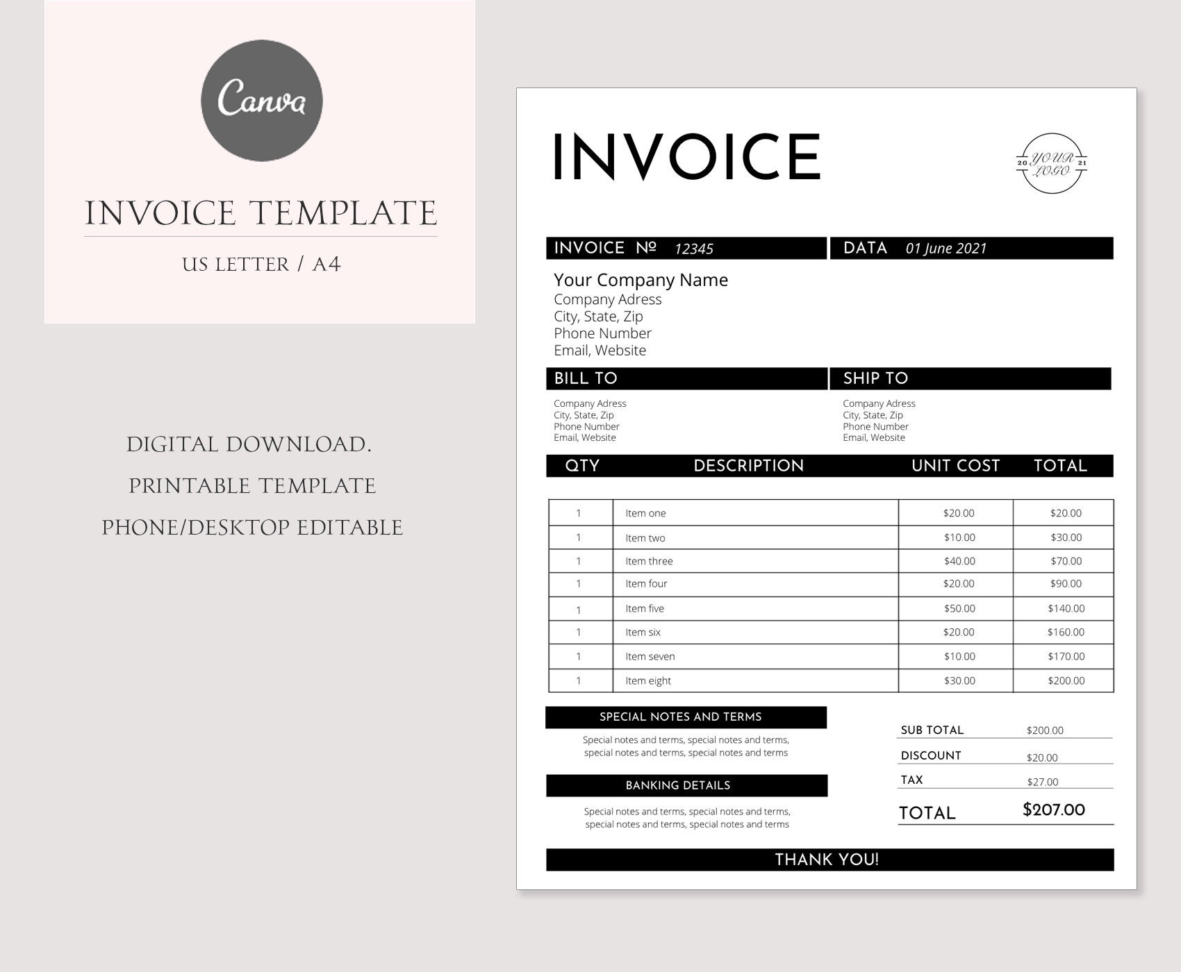 invoice template printable invoice digital download etsy