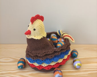Henrietta la gallina, cesta de huevos de gallina, patrón de crochet amigurumi en PDF