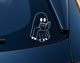 May include: A black car with a white ghost reading a book sticker on the rear window.