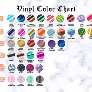 May include: Vinyl color chart with various colors and finishes, including opal, sparkle, metallic chrome, glass flower, and shimmer series.